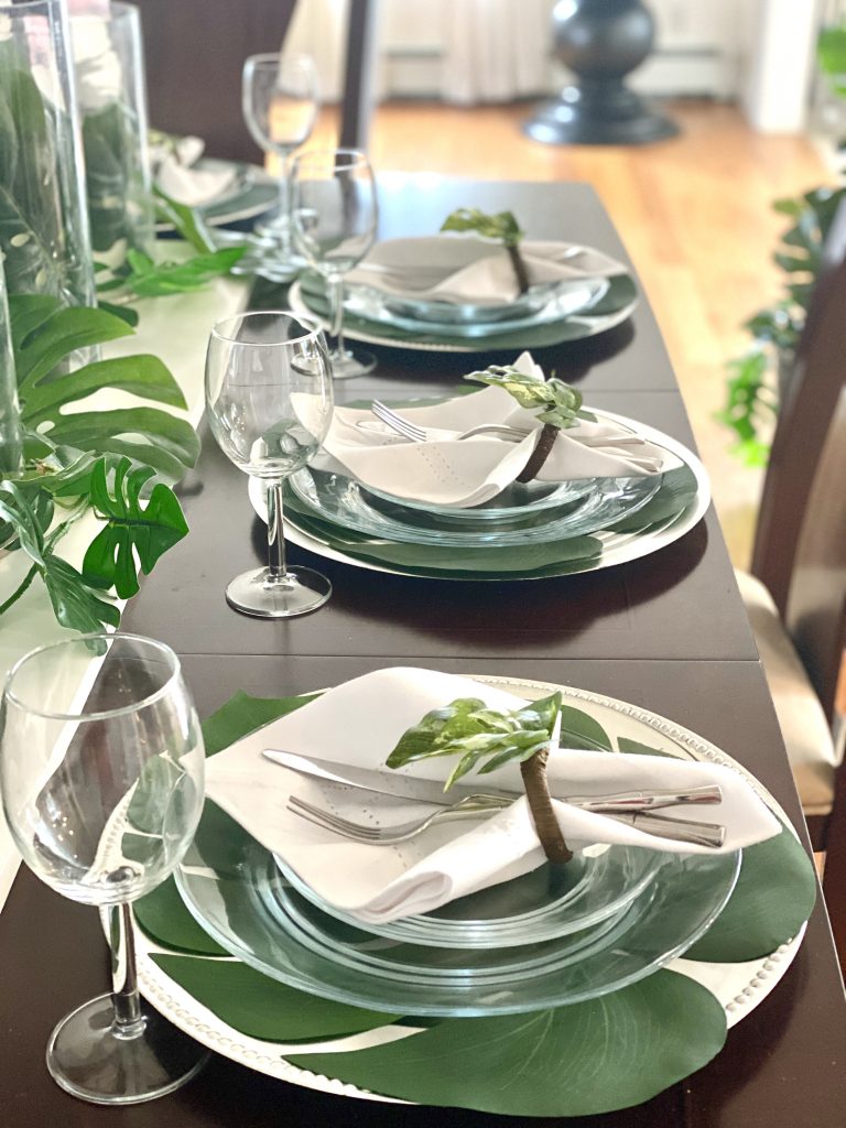Elegant tropical tablescape for indoors.