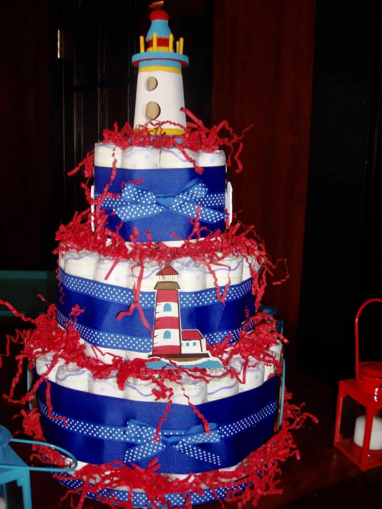 blue and red diaper cake