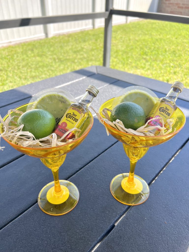 margarita glasses with mini liquor bottles